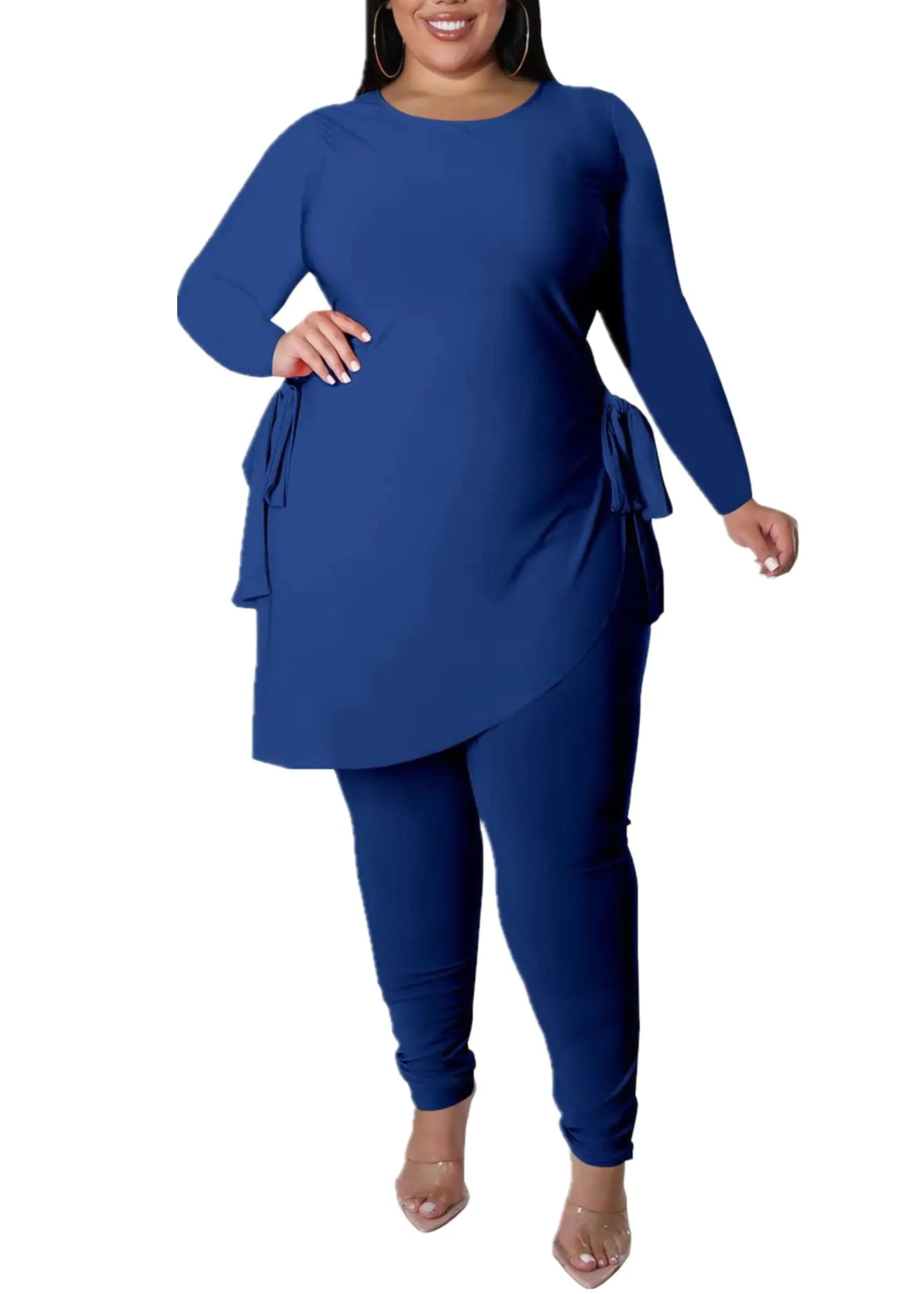 MRSFITOK Plus Size 2 Piece Outfits for Women Pants Sets Sexy Elegant Long Sleeve Split Shirt Bodycon Pant Set Casual tracksuits Blue 3XL