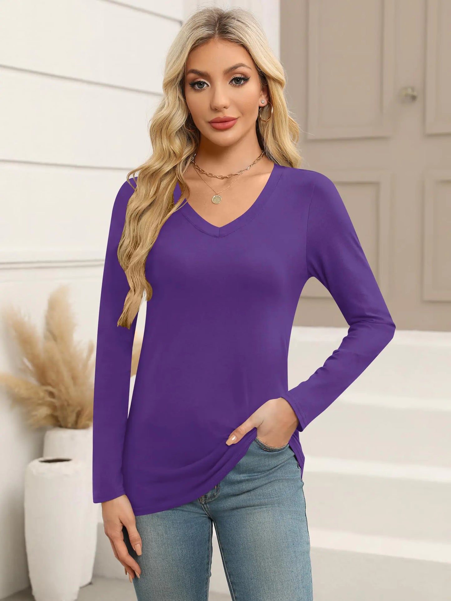 Elesomo Women Shirts V Neck Short/Long Sleeve Cotton Tops T-Shirt Basic Tees Large A:purple