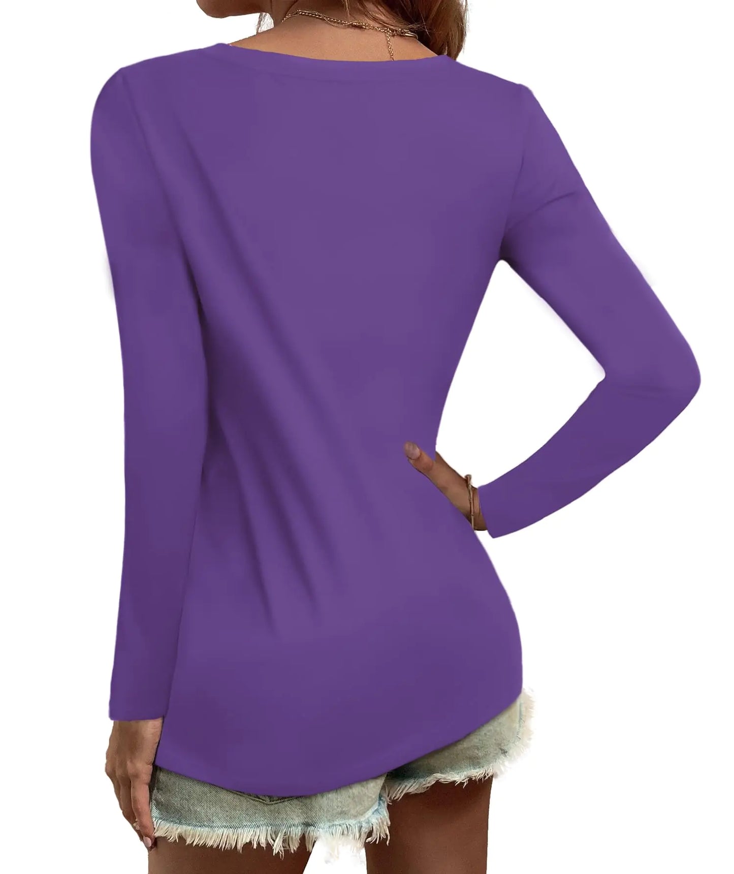 Elesomo Women Shirts V Neck Short/Long Sleeve Cotton Tops T-Shirt Basic Tees Large A:purple