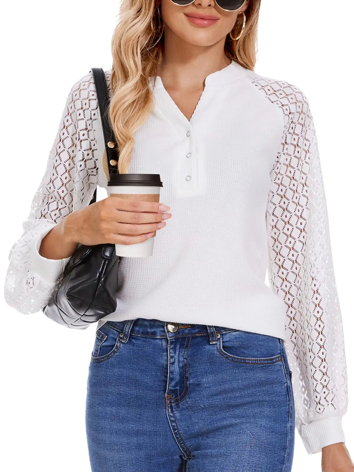 Fall Tops for Women Long Sleeve Casual Lace T-Shirt V Neck Loose Blouse Professional Clothes Tee Shirt Knitted Top (WhiteM)