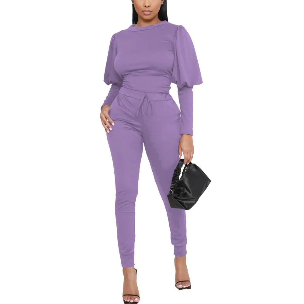 HBQ Women 2 Pieces Outfits Puff Sleeve Top And Jogger Pants Sweatpants Set Tracksuits-XXL-Light Purple