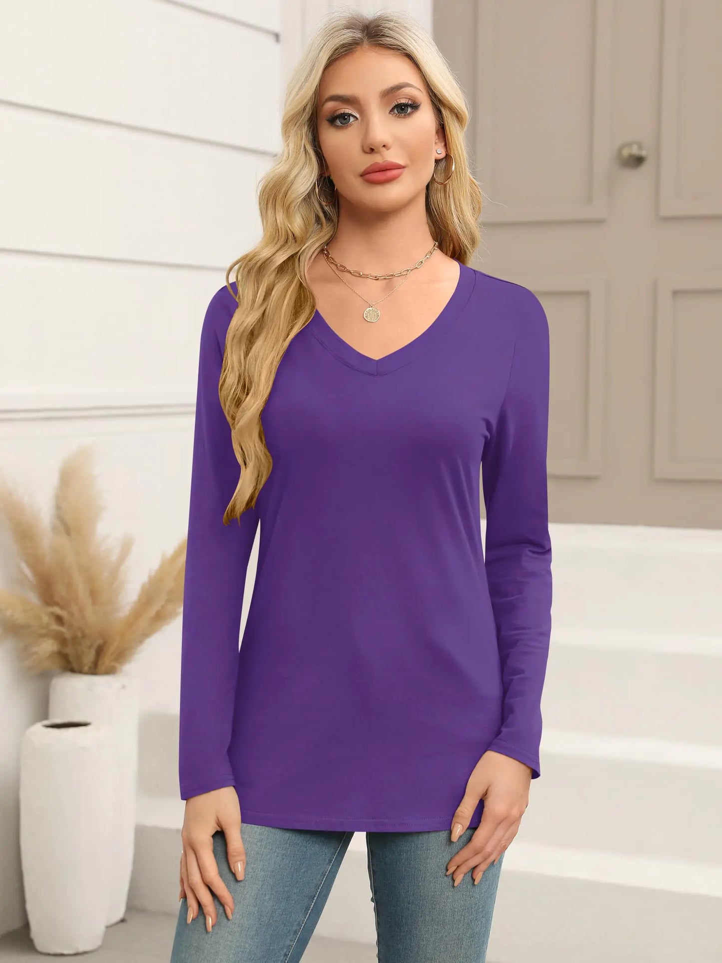 Elesomo Women Shirts V Neck Short/Long Sleeve Cotton Tops T-Shirt Basic Tees Large A:purple