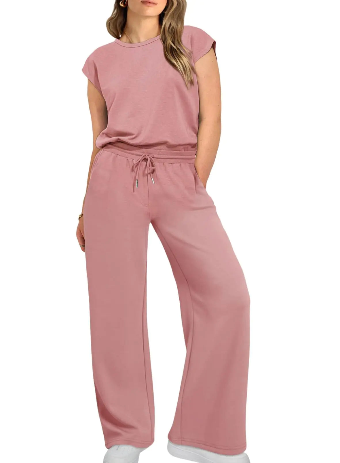 Eytino Plus Size Tracksuits for Women Casual Lounge Sets Crewneck Short Sleeve Tops High Waist Wide Leg Sweatpants Oversized Outfit Sets Pink 2X