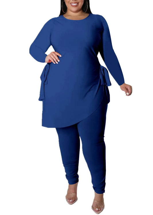 MRSFITOK Plus Size 2 Piece Outfits for Women Pants Sets Sexy Elegant Long Sleeve Split Shirt Bodycon Pant Set Casual tracksuits Blue 3XL