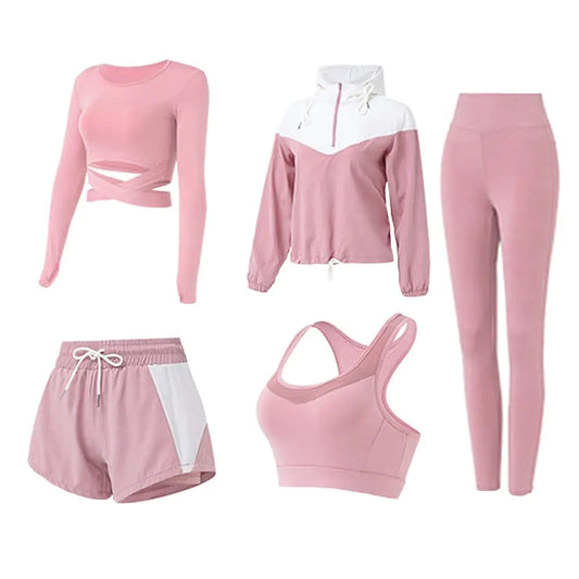 Pink women's workout set with sports bra and leggings, Cocodeluxestore by Liz activewear for running, yoga, and gym exercises.