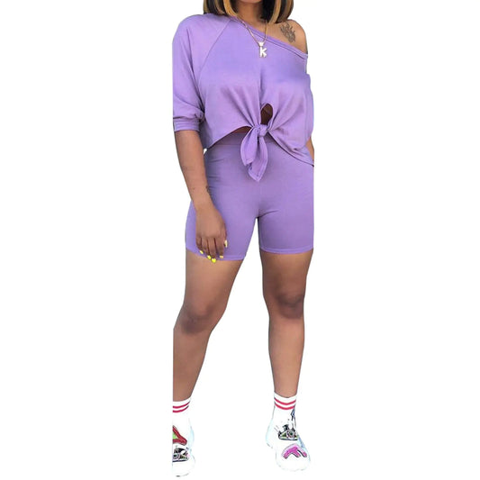FANDEE 2 Piece Outfits for Women 3/4 Sleeve Off Shoulder Summer Tracksuits Tie up Top Biker Short Sets Clubwear Purple Small