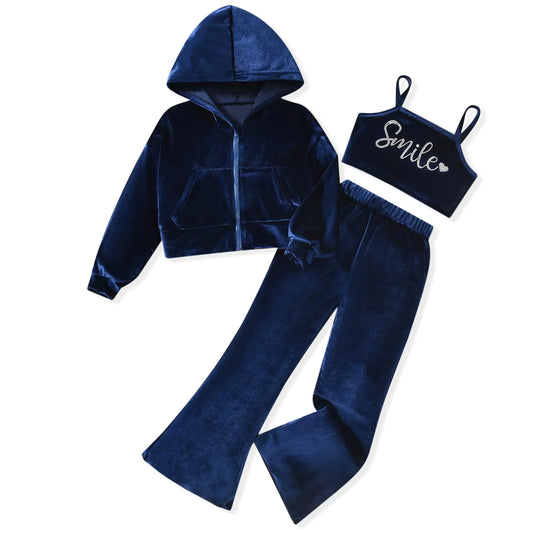 fioukiay Girls Sweatsuits Set Velour Tracksuit 3 Piece Outfits Zip Up Hoodies Camisole and Flare Pants Athletic Jogging Set Blue 4-5T