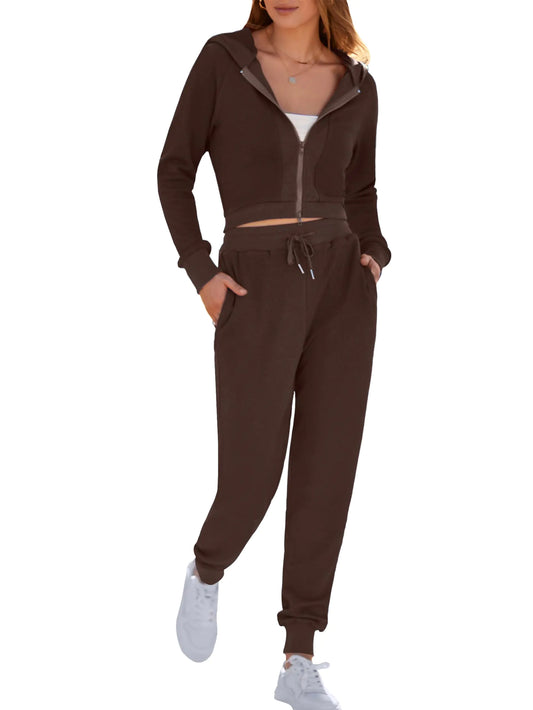 MASCOMODA Womens Tracksuits for Women Set 2024 Fall Sweat Suits Full Zip Hooded Long Sleeve Cropped Tops and Jogger Pants Set(BrownSmall)
