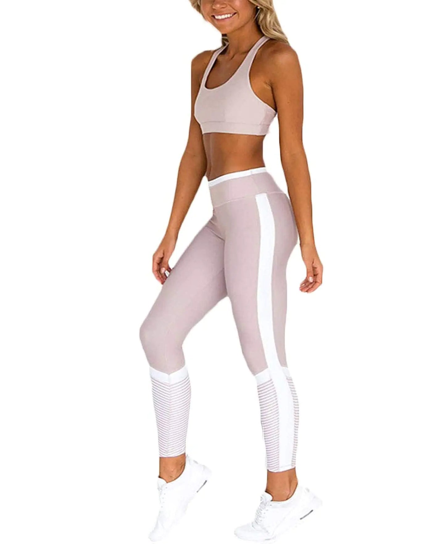 Cocodeluxestore by Liz women's workout set with contrast high-waisted yoga leggings and matching stretch sports bra, ideal for gym.