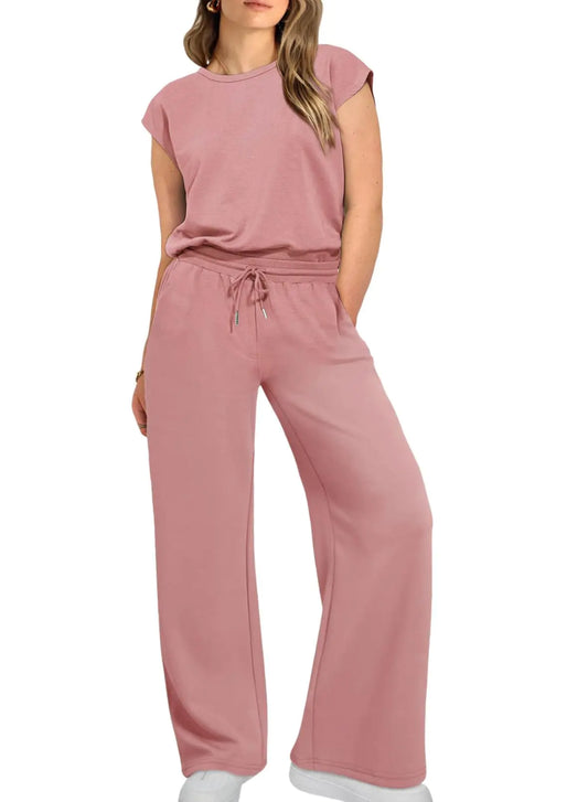 Eytino Plus Size Tracksuits for Women Casual Lounge Sets Crewneck Short Sleeve Tops High Waist Wide Leg Sweatpants Oversized Outfit Sets Pink 2X