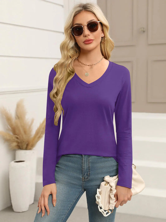 Elesomo Women Shirts V Neck Short/Long Sleeve Cotton Tops T-Shirt Basic Tees Large A:purple